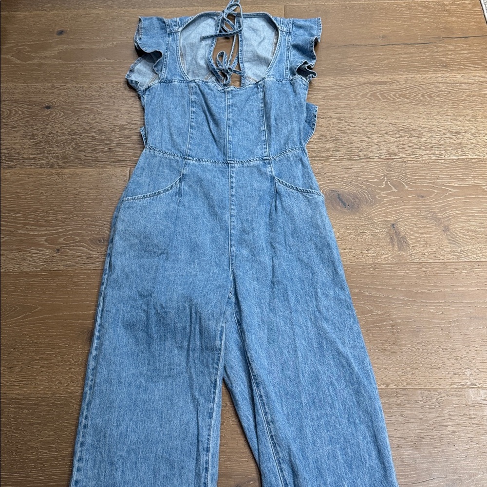 We The Free Free People Denim Tie Front Ruffle Sleeve Wide Leg Jumpsuit Size S - Picture 3 of 6